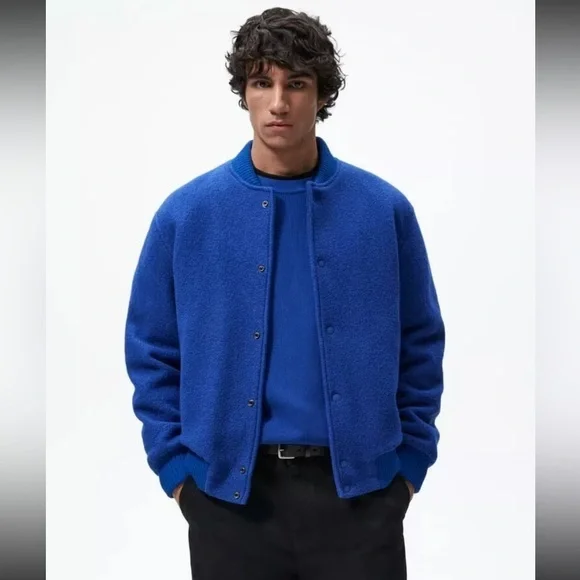 Zara Mens Wool Varsity Blue Bomber Jacket size Large - Picture 1 of 10